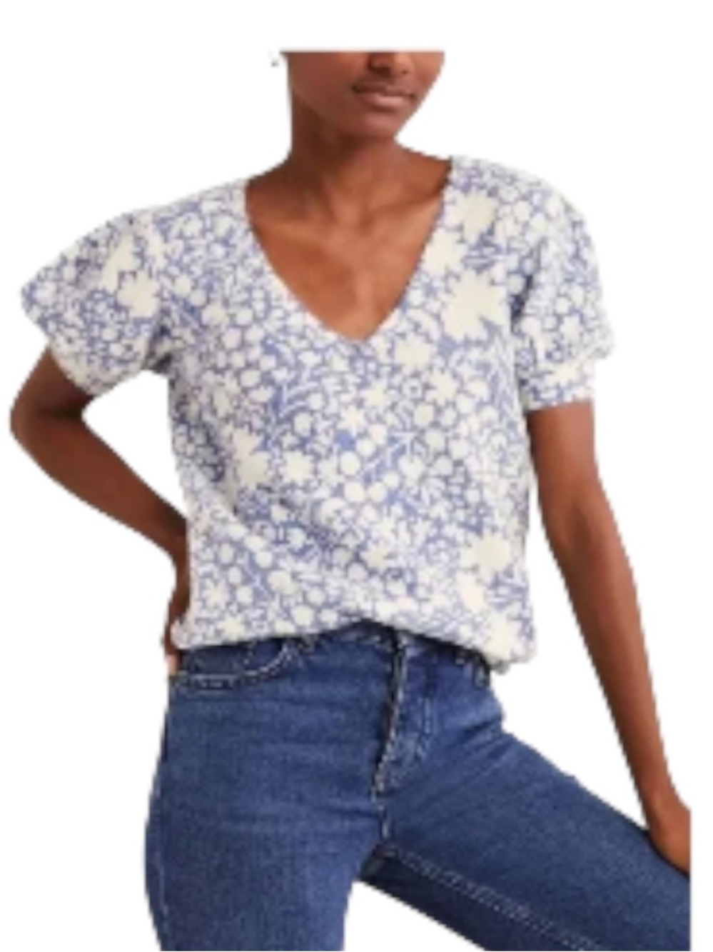 Boden Blue and White Floral V-Neck Alpaca Sweater—Sz L